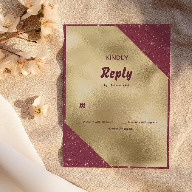 Guld hjärta glittrande burgunder glitter RSVP Inbjudningar (Gold heart sparkle burgundy glitter RSVP )