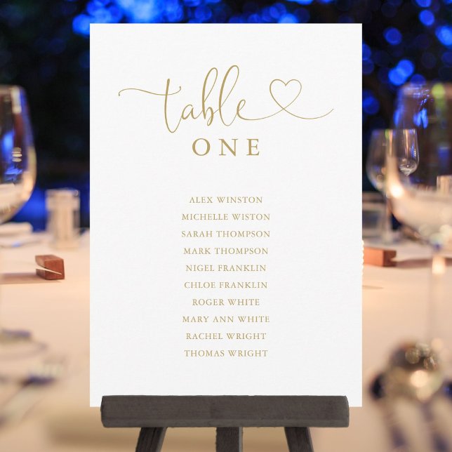Guld hjärtskrift Bordnummer Sittplatskarta Inbjudningar (Gold Heart Script Table Number Seating Chart)