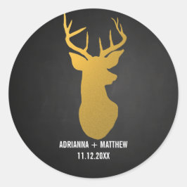 Guld Hjort / Antler Chalkboard Bröllop Runt Klistermärke