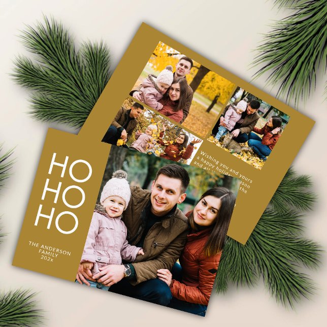 Guld "HO HO HO HO" Photo Collage jul Julkort (Skapare uppladdad)