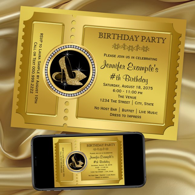 Guld Höga Klackar Skor Födelsedagsfest Inbjudningar (Gold high heel shoe invitation. Any event. Digital download and printed invitations available)