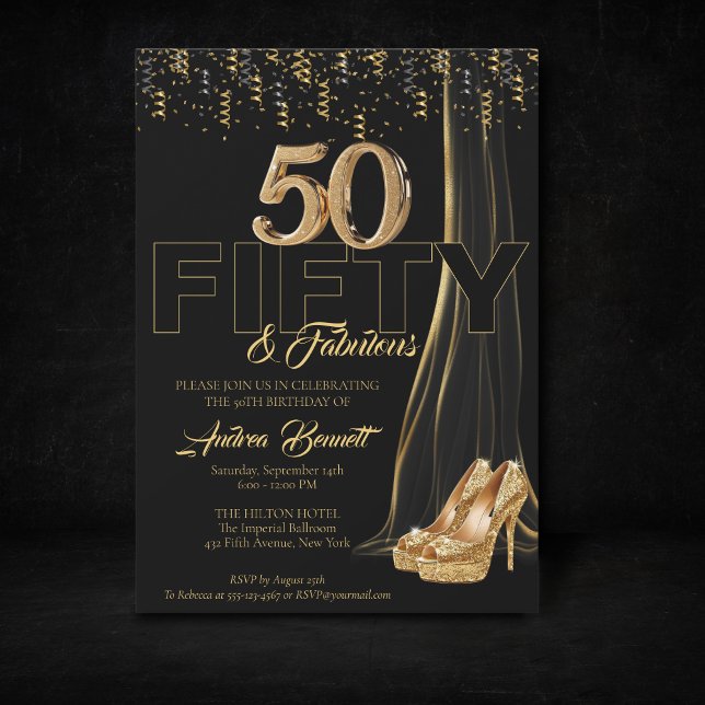 Guld Högklackar Elegant Black 50 Fabulous Birthday Inbjudningar (50th birthay gold high heels elegant and luxury celebration.)