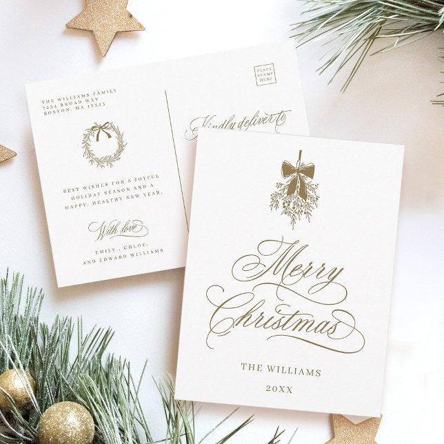 Guld Holly Berry Bouquet Romantic God jul Vykort (Front & Back)