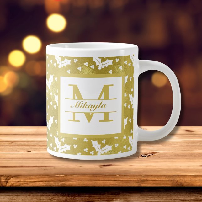 Guld Holly Botanical Monogram jul Jumbo Mugg (Gold Holly Monogram Christmas Mug)