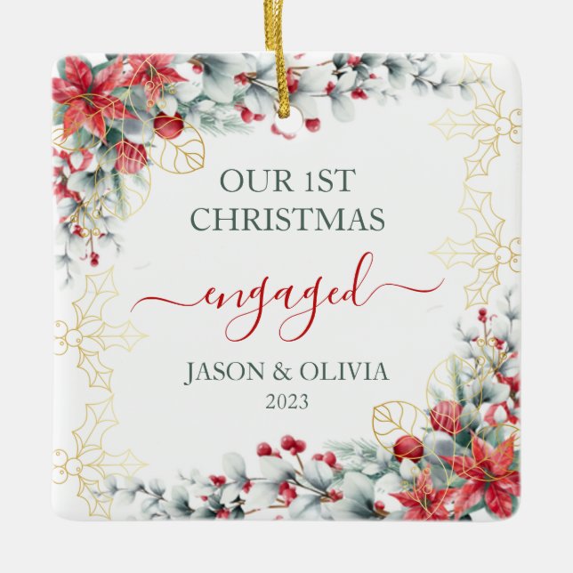 Guld Holly Greenery Blommigt 1:a jul Engagerad Julgransprydnad Keramik (Framsida)