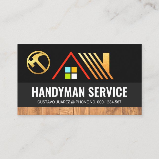 Guld Home on Grått Lagrar Wood Grain Visitkort (Framsida)