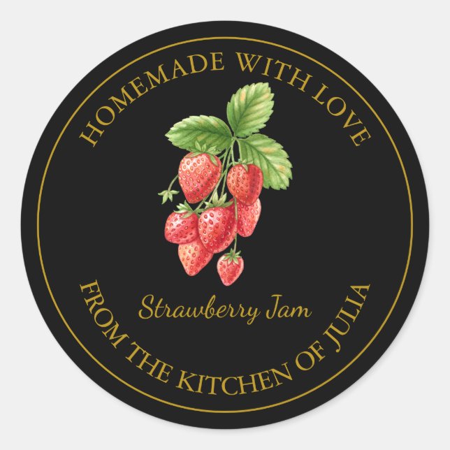 Guld Homemade Strawberry Sylt etikett | Svart (Framsida)