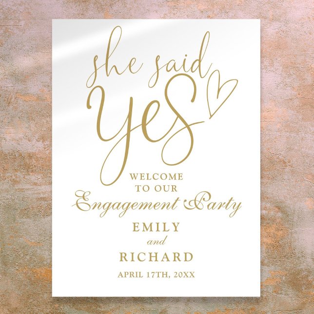 Guld, hon sa ja Förlovningsfest Välkomstskylt Poster (Gold She Said Yes Engagement Party Welcome Sign)