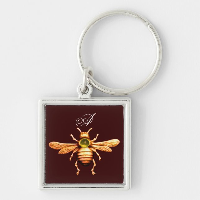 GULD HONEY BEE MONOGRAM FYRKANTIG SILVERFÄRGAD NYCKELRING (Framsidan)