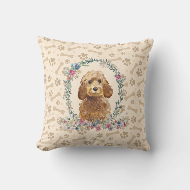 Guld Honung Cockapoo Hund Tassavtryck & Blommig Sö Kudde (Framsida)