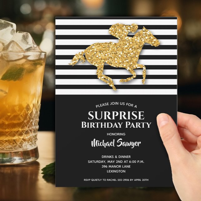 Guld Horse Black White Rand Birthday Inbjudningar (Gold Racehorse on Black and White Stripes Birthday Invitations - PRINTED and/or INSTANT DOWNLOAD)