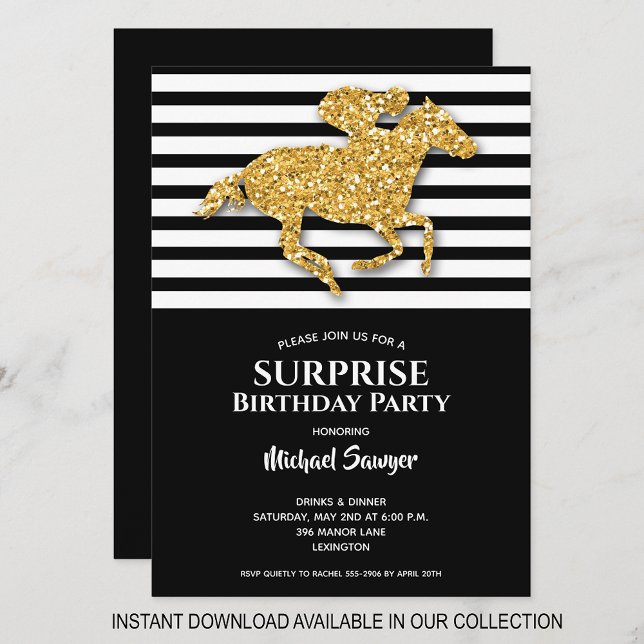 Guld Horse Black White Rand Birthday Inbjudningsko (INSTANT DOWNLOAD available in our collection to send your invitations digitally.)