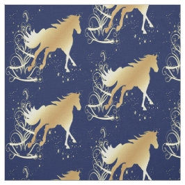 Guld Horse on Blue Helgdag Fabric Tyg