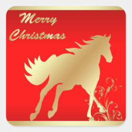 Guld Horse on Red God jul Fyrkantigt Klistermärke