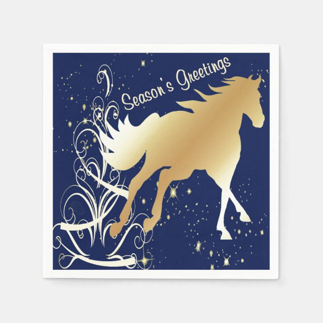 Guld Horse Print på Mörk blått Säsonhälsningar Pappersservett (Framsidan)