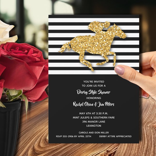 Guld Horse Rand Derby Möhippa Inbjudningar (Gold racehorse Derby-theme bridal shower invitations - PRINTED and/or INSTANT DOWNLOAD)