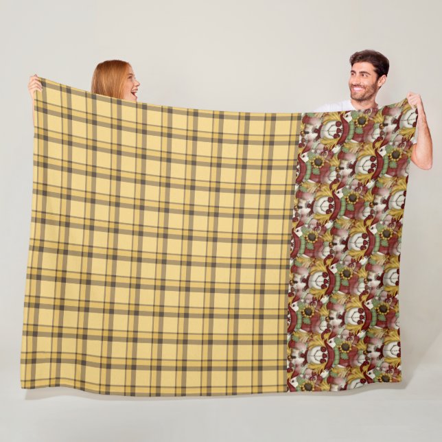 GULD HÖSTERN PLAID MÖNSTER MED FÅGELSKRÄMMA ANSIKT FLEECEFILT (På plats)