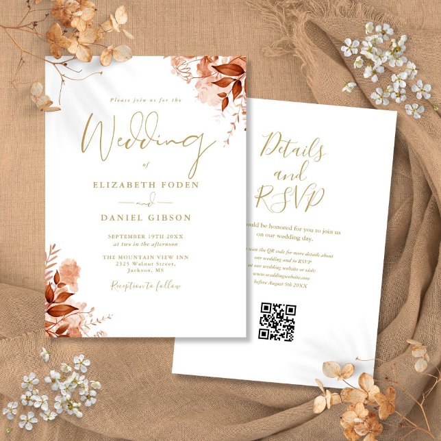 Guld höstfälla Blommigt QR-kod Bröllop Inbjudningar (Gold Autumn Fall Floral QR Code Wedding Invitation)