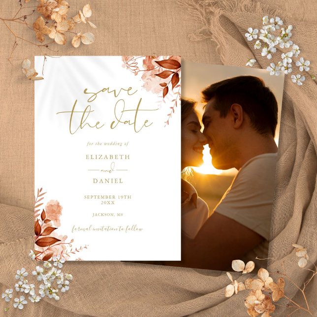 Guld höstfälla Blommigten Foto Bröllop Spara Datumet (Gold Autumn Fall Floral Photo Wedding Save The Date)