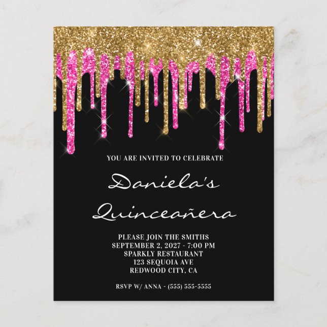 Guld Hot Pink Glitter Drip Quinceañera Inbjudan (Framsida)