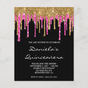 Guld Hot Pink Glitter Drip Quinceañera Inbjudan