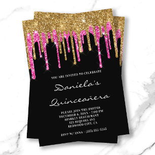 Guld Hot Pink Glitterdroppar Svart Quinceañera Inbjudningar