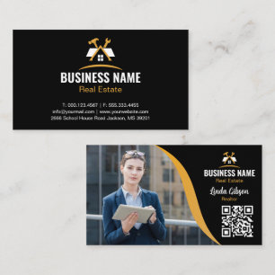 Guld Hus Logotyp Realtor Marmor Foto QR-kod Visitkort