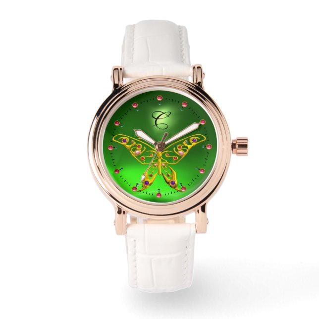 GULD HYPER BUTTERFLY Emerald Grönt Monogram Armbandsur (Framsida)
