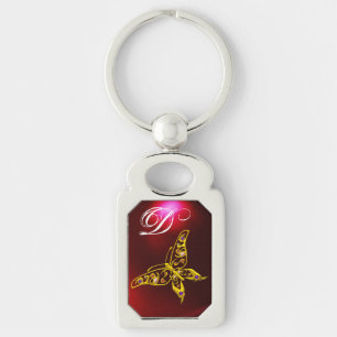 GULD HYPER BUTTERFLY JEWEL,GEMSTONES MONOGRAM Red Rektangulärt Silverfärgad Nyckelring