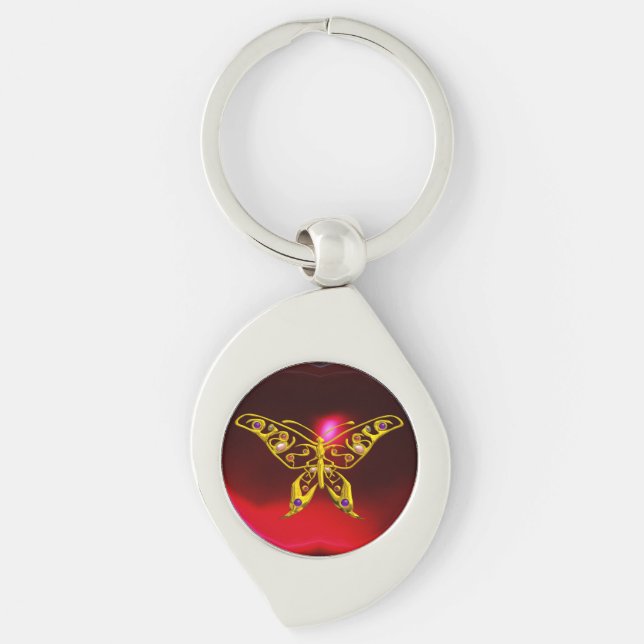 GULD HYPER BUTTERFLY JEWEL Red Burgundy Ruby Swirl Silverfärgad Nyckelring (Framsidan)