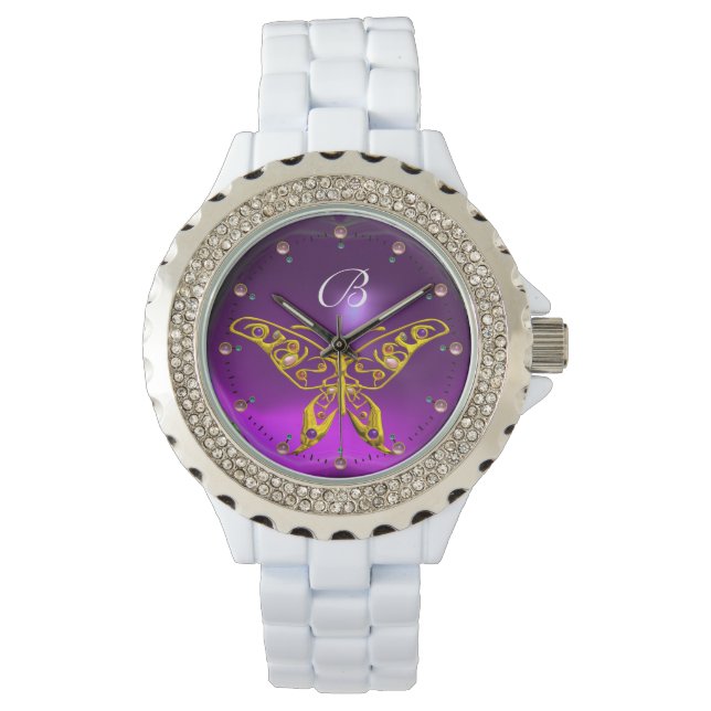 GULD HYPER BUTTERFLY Lila Amethyst Monogram Armbandsur (Framsida)