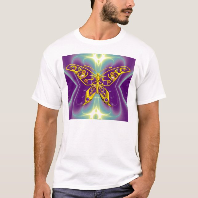 GULD HYPER BUTTERFLY,Lila Grönt Fractal Vågar Tee Shirt (Framsida)