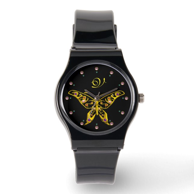 GULD HYPER BUTTERFLY MED GEMSTONES Monogram Black Armbandsur (Framsida)