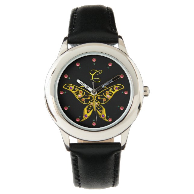 GULD HYPER BUTTERFLY MED GEMSTONES Monogram Black Armbandsur (Framsida)
