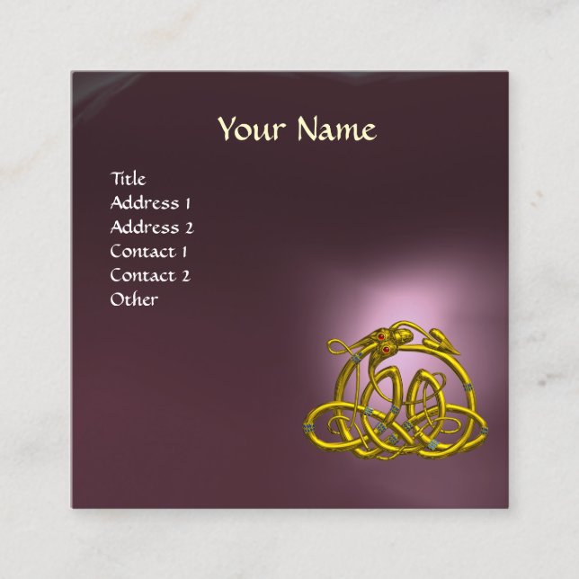 GULD HYPER DRAGON CELTIC KNOTS LILA GEM MONOGRAM FYRKANTIGT VISITKORT (Framsida)