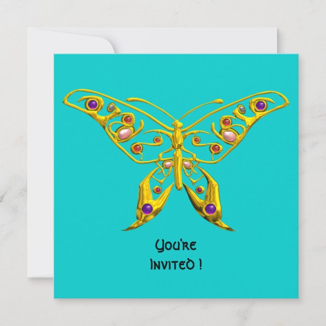 GULD HYPER FJÄRIL, ÄDELSTENAR, Turkos Blå Inbjudningar (Framsida)