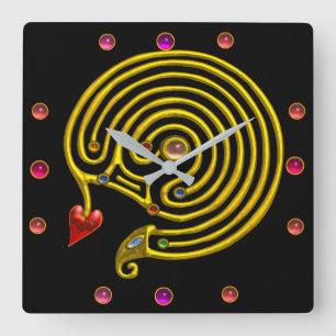 GULD HYPER LABYRINTH ROSA GEMSTONES Black Gult Fyrkantig Klocka