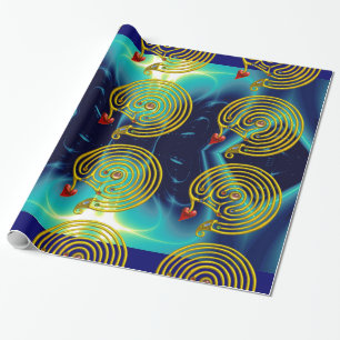 GULD HYPER LABYRINTH,TEAL AQUA BLUE LIGHT VÅGAR PRESENTPAPPER