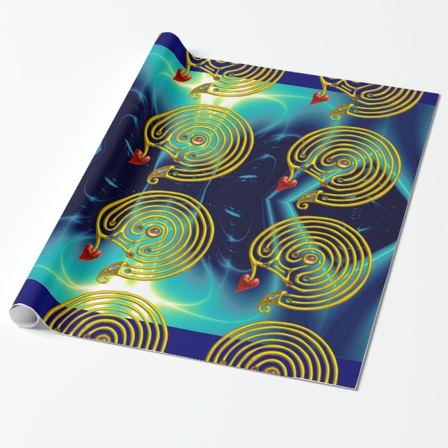 GULD HYPER LABYRINTH,TEAL AQUA BLUE LIGHT VÅGAR PRESENTPAPPER (Utrullad)