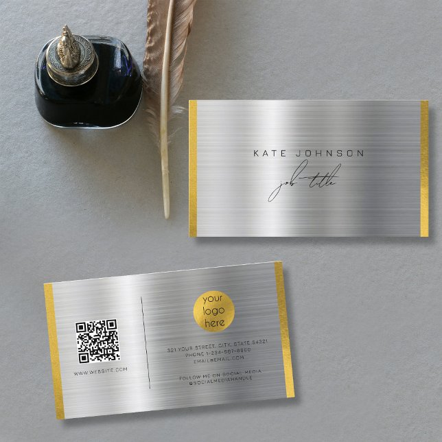 Guld i Bruten Metall Namnteckning skript QR-kod Visitkort (Brushed Metal Gold Signature Script QR Code Business Card)