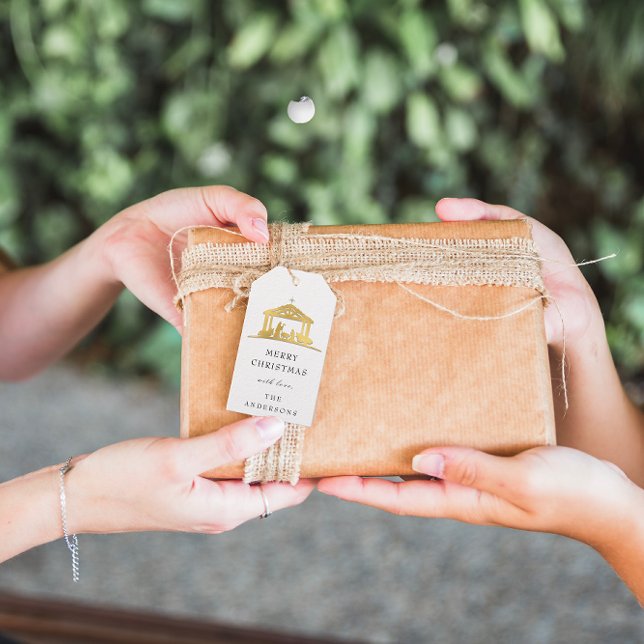 Guld i Helgdag i Namn-Heligan Presentetikett (Merry To Name Holiday Christmas Holy Family Gold Gift Tags)