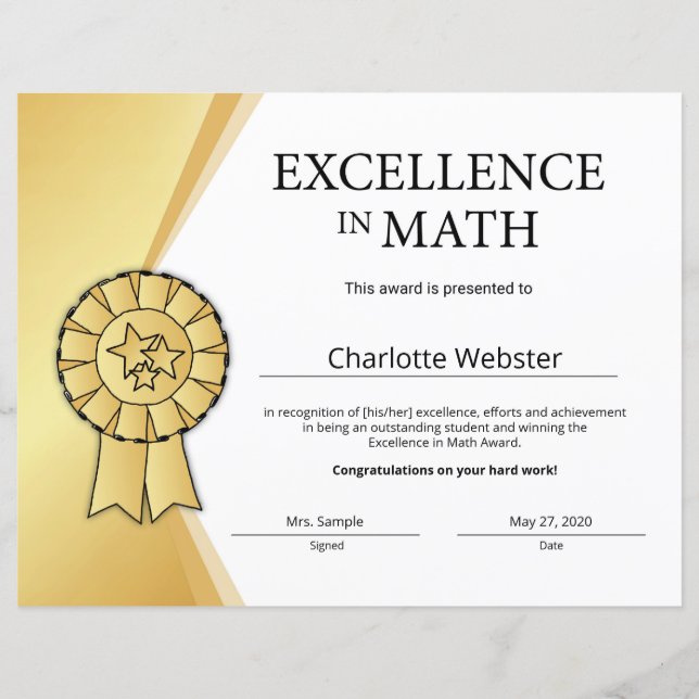 Guld i Math Certificate Award (Framsida)