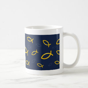Guld- Ichthus mönster på marinblå bakgrund Kaffemugg