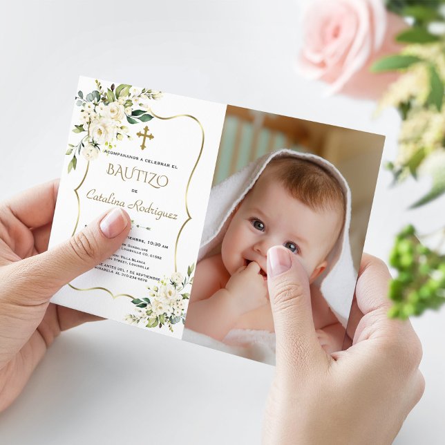 Guld inbjuation Bautizo Con flores Photo Baptism Inbjudningar (baptism bautizo baby photo invitation gold white flowers)