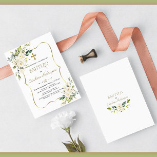 Guld inbjudacion de Bautizo Con Flores Baptism Inbjudningar