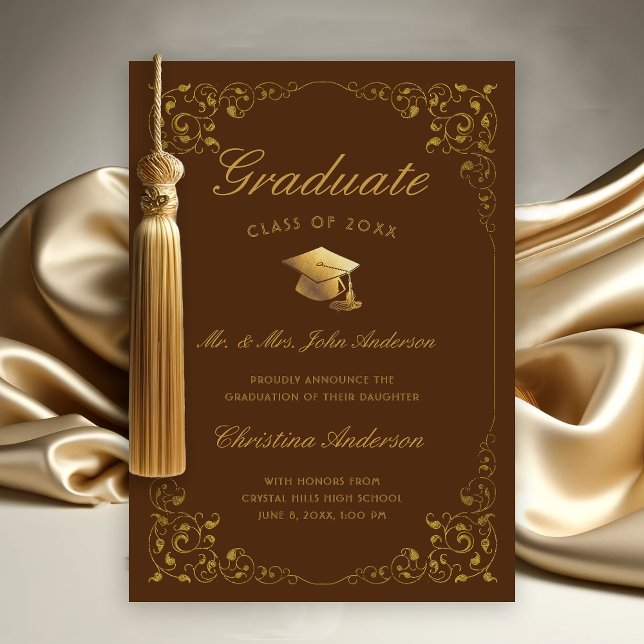 Guld ivy Cap-skript från föräldrarna Brown Student Meddelande (Gold Ivy Leaf on Brown Graduation Announcement from Parents)