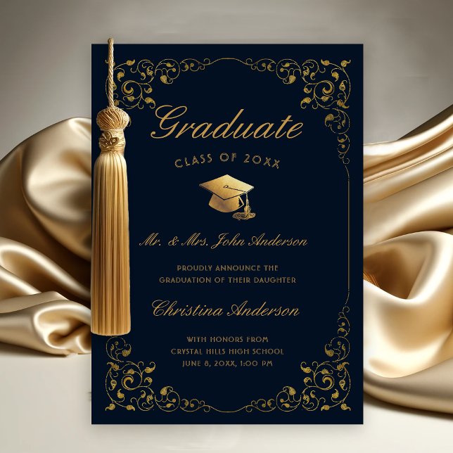 Guld ivy Cap-skript från överordnad marin Studente Meddelande (Gold Ivy Leaf on Dark Navy Blue Graduation Announcement from Parents
)