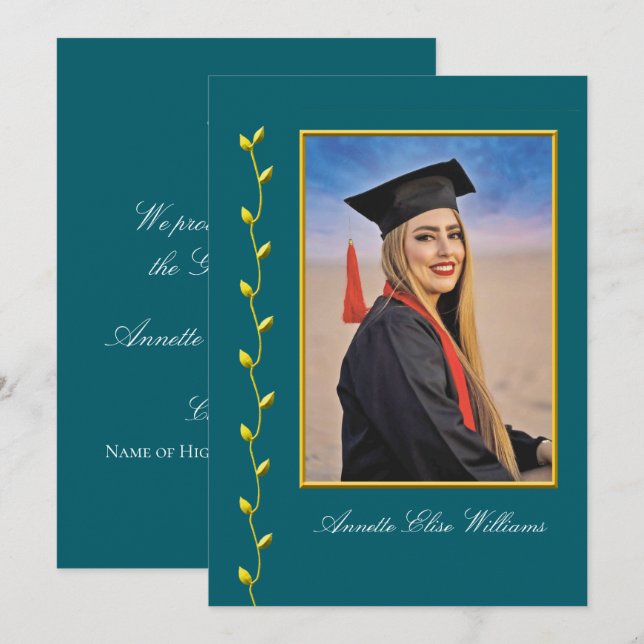 Guld Ivy-design med foto-examensannonsering Meddelande (Fram/baksida)