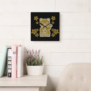 Guld japansk Maneki-neko Fyrkantig Klocka