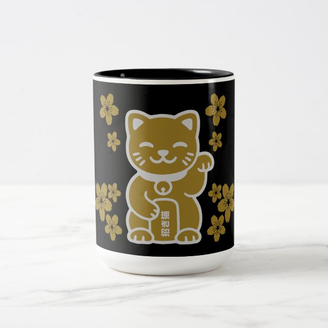 Guld japansk Maneki-neko Två-Tonad Mugg (Center)